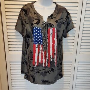 Lace-Up Camo Short Sleeve Tee with Distressed Flag - Olive Camo